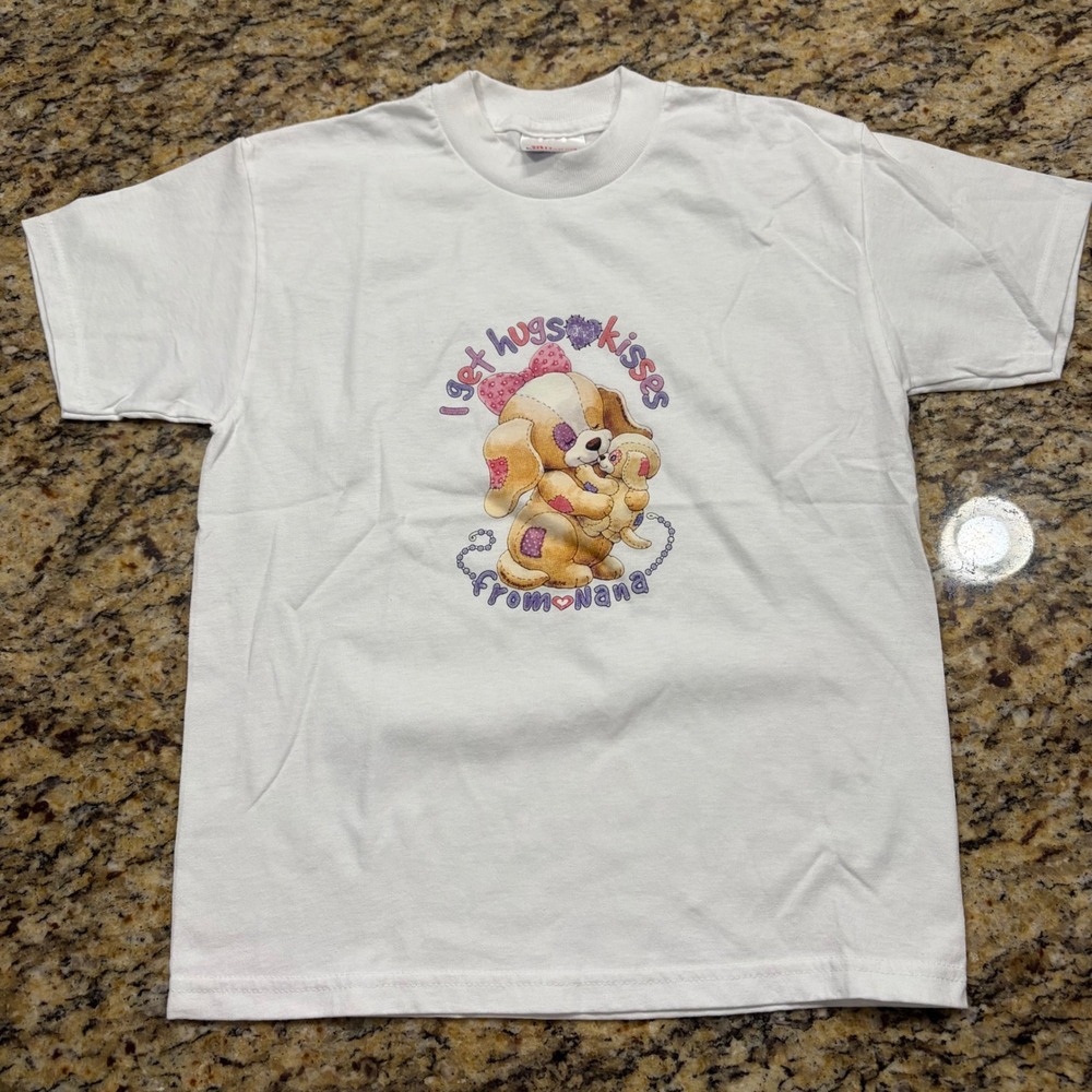 Vintage Hanes Heavyweight Youth T-Shirt White Hugs Kisses Nana Puppy M 10-12 v